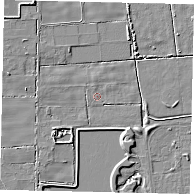 Shaded relief map of the ground around HU164JQ, computed from Environment Agency LiDAR. The ground here sits at about 1 m above sea level and falls 8 m across the surrounding 800 m. Surface water reaching this point runs off ground lying to the west, 2.1 m higher.