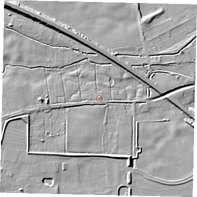 Shaded relief map of the ground around HU164JR, computed from Environment Agency LiDAR. The ground here sits at about 4 m above sea level and falls 14 m across the surrounding 800 m. Surface water reaching this point runs off ground lying to the west-south-west, 1.3 m higher.