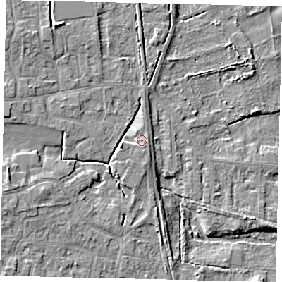 Shaded relief map of the ground around HU164LL, computed from Environment Agency LiDAR. The ground here sits at about 6 m above sea level and falls 8 m across the surrounding 800 m. Surface water reaching this point runs off ground lying to the west-south-west, 2.5 m higher.