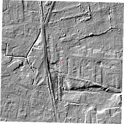 Shaded relief map of the ground around HU164LZ, computed from Environment Agency LiDAR. The ground here sits at about 4 m above sea level and falls 6 m across the surrounding 800 m. Surface water reaching this point runs off ground lying to the north-north-west, 1.1 m higher.