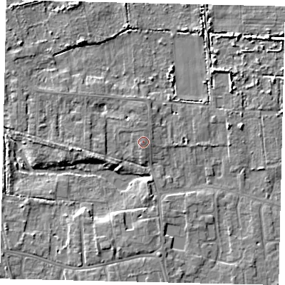 Shaded relief map of the ground around HU164NL, computed from Environment Agency LiDAR. The ground here sits at about 4 m above sea level and falls 6 m across the surrounding 800 m. Surface water reaching this point runs off ground lying to the west-south-west, 0.6 m higher.