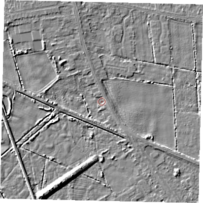 Shaded relief map of the ground around HU164PU, computed from Environment Agency LiDAR. The ground here sits at about 2 m above sea level and falls 8 m across the surrounding 800 m. Surface water reaching this point runs off ground lying to the south-east, 2.1 m higher.