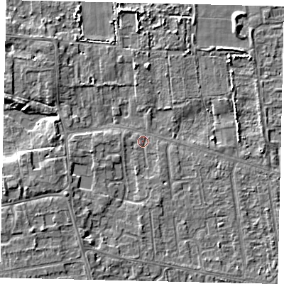 Shaded relief map of the ground around HU164QD, computed from Environment Agency LiDAR. The ground here sits at about 2 m above sea level and falls 5 m across the surrounding 800 m. Surface water reaching this point runs off ground lying to the south-west, 3.1 m higher.
