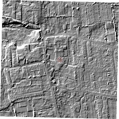Shaded relief map of the ground around HU164QJ, computed from Environment Agency LiDAR. The ground here sits at about 3 m above sea level and falls 5 m across the surrounding 800 m. Surface water reaching this point runs off ground lying to the west, 2.5 m higher.