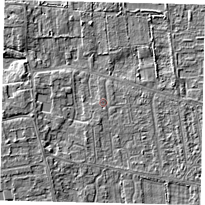Shaded relief map of the ground around HU164QL, computed from Environment Agency LiDAR. The ground here sits at about 2 m above sea level and falls 5 m across the surrounding 800 m. Surface water reaching this point runs off ground lying to the south, 0.9 m higher.