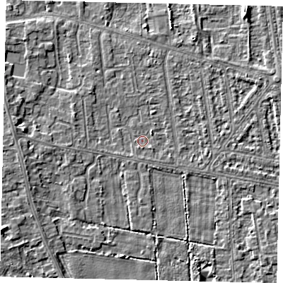 Shaded relief map of the ground around HU164QP, computed from Environment Agency LiDAR. The ground here sits at about 2 m above sea level and falls 4 m across the surrounding 800 m. Surface water reaching this point runs off ground lying to the west, 1.5 m higher.