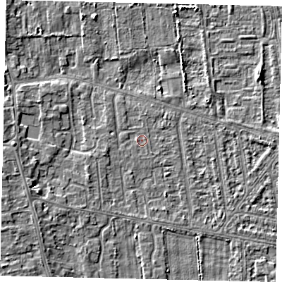 Shaded relief map of the ground around HU164QR, computed from Environment Agency LiDAR. The ground here sits at about 2 m above sea level and falls 4 m across the surrounding 800 m. The ground contributing surface water to this point lies to the west-north-west.