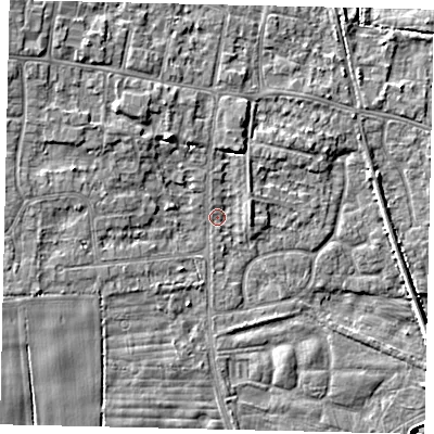 Shaded relief map of the ground around HU164RR, computed from Environment Agency LiDAR. The ground here sits at about 5 m above sea level and falls 9 m across the surrounding 800 m. Surface water reaching this point runs off ground lying to the north, 1.6 m higher.