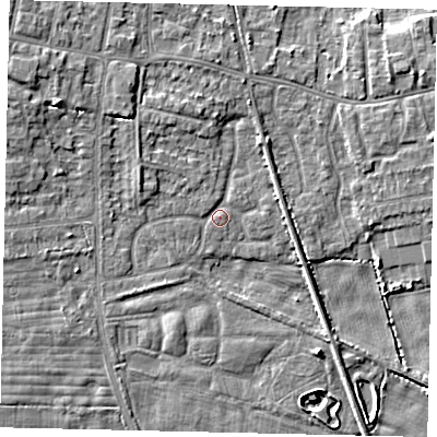 Shaded relief map of the ground around HU164RU, computed from Environment Agency LiDAR. The ground here sits at about 4 m above sea level and falls 8 m across the surrounding 800 m. Surface water reaching this point runs off ground lying to the north-west, 4.9 m higher.