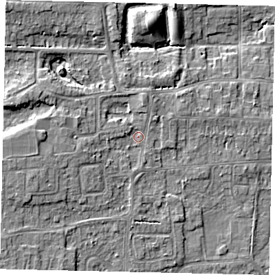Shaded relief map of the ground around HU165AB, computed from Environment Agency LiDAR. The ground here sits at about 11 m above sea level and falls 9 m across the surrounding 800 m. Surface water reaching this point runs off ground lying to the west, 4.8 m higher.