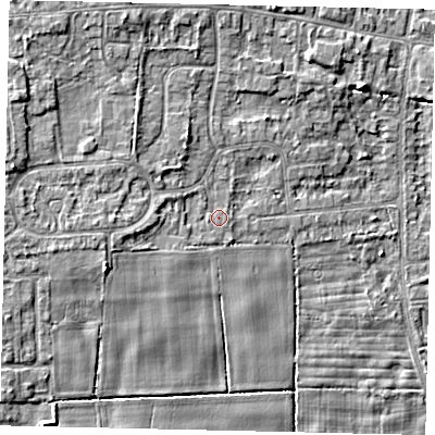 Shaded relief map of the ground around HU165AR, computed from Environment Agency LiDAR. The ground here sits at about 7 m above sea level and falls 7 m across the surrounding 800 m. Surface water reaching this point runs off ground lying to the west-south-west, 1.9 m higher.