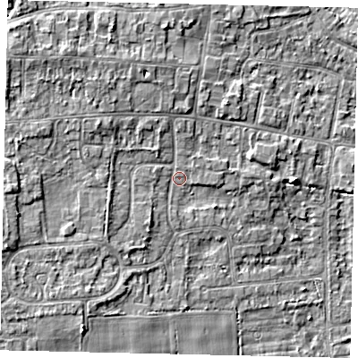 Shaded relief map of the ground around HU165AS, computed from Environment Agency LiDAR. The ground here sits at about 8 m above sea level and falls 8 m across the surrounding 800 m. Surface water reaching this point runs off ground lying to the north-west, 4.4 m higher.