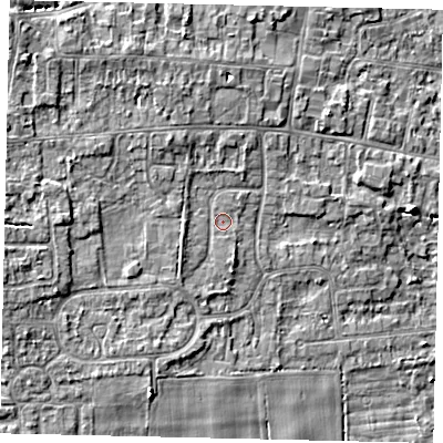 Shaded relief map of the ground around HU165AU, computed from Environment Agency LiDAR. The ground here sits at about 8 m above sea level and falls 8 m across the surrounding 800 m. Surface water reaching this point runs off ground lying to the west-south-west, 1.2 m higher.