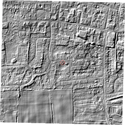 Shaded relief map of the ground around HU165AX, computed from Environment Agency LiDAR. The ground here sits at about 7 m above sea level and falls 8 m across the surrounding 800 m. Surface water reaching this point runs off ground lying to the west-south-west, 3.0 m higher.