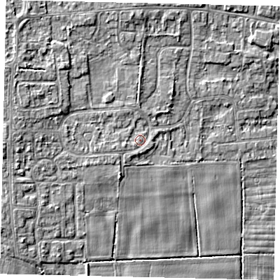 Shaded relief map of the ground around HU165BG, computed from Environment Agency LiDAR. The ground here sits at about 9 m above sea level and falls 7 m across the surrounding 800 m. Surface water reaching this point runs off ground lying to the west, 1.8 m higher.