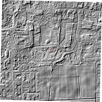 Shaded relief map of the ground around HU165BN, computed from Environment Agency LiDAR. The ground here sits at about 9 m above sea level and falls 8 m across the surrounding 800 m. Surface water reaching this point runs off ground lying to the west, 1.5 m higher.