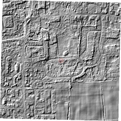 Shaded relief map of the ground around HU165BP, computed from Environment Agency LiDAR. The ground here sits at about 9 m above sea level and falls 8 m across the surrounding 800 m. Surface water reaching this point runs off ground lying to the west-north-west, 3.0 m higher.