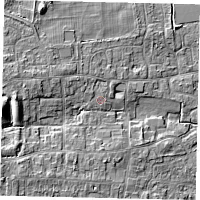 Shaded relief map of the ground around HU165GX, computed from Environment Agency LiDAR. The ground here sits at about 9 m above sea level and falls 11 m across the surrounding 800 m. Surface water reaching this point runs off ground lying to the north-west, 0.9 m higher.