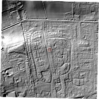 Shaded relief map of the ground around HU165JJ, computed from Environment Agency LiDAR. The ground here sits at about 21 m above sea level and falls 22 m across the surrounding 800 m. Surface water reaching this point runs off ground lying to the west-south-west, 13.5 m higher.