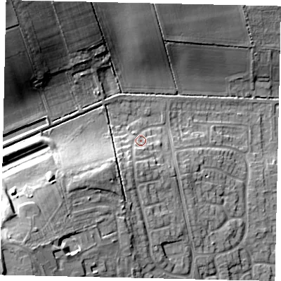 Shaded relief map of the ground around HU165JS, computed from Environment Agency LiDAR. The ground here sits at about 20 m above sea level and falls 24 m across the surrounding 800 m. Surface water reaching this point runs off ground lying to the south-south-west, 6.3 m higher.