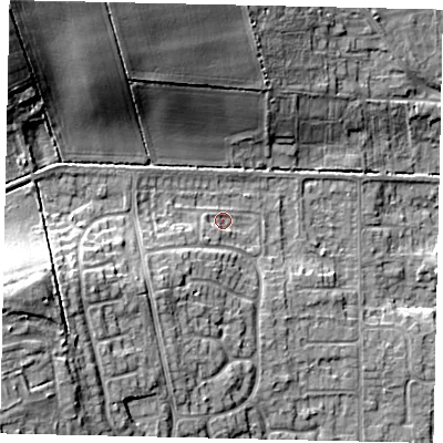 Shaded relief map of the ground around HU165LP, computed from Environment Agency LiDAR. The ground here sits at about 16 m above sea level and falls 20 m across the surrounding 800 m. Surface water reaching this point runs off ground lying to the south-west, 14.1 m higher.