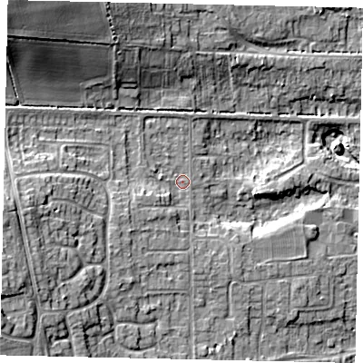 Shaded relief map of the ground around HU165NF, computed from Environment Agency LiDAR. The ground here sits at about 15 m above sea level and falls 19 m across the surrounding 800 m. Surface water reaching this point runs off ground lying to the west-south-west, 8.8 m higher.