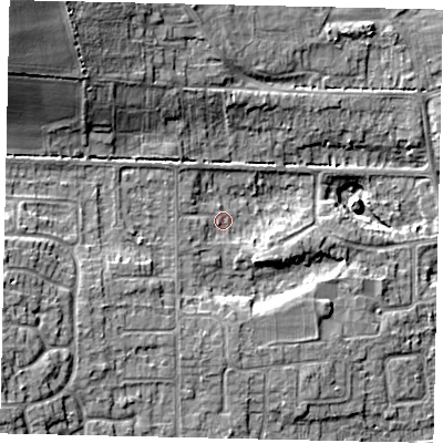 Shaded relief map of the ground around HU165NH, computed from Environment Agency LiDAR. The ground here sits at about 13 m above sea level and falls 18 m across the surrounding 800 m. Surface water reaching this point runs off ground lying to the south-west, 8.0 m higher.