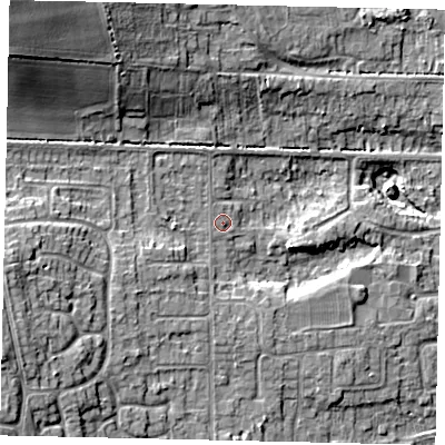 Shaded relief map of the ground around HU165NQ, computed from Environment Agency LiDAR. The ground here sits at about 14 m above sea level and falls 18 m across the surrounding 800 m. Surface water reaching this point runs off ground lying to the west-south-west, 7.5 m higher.