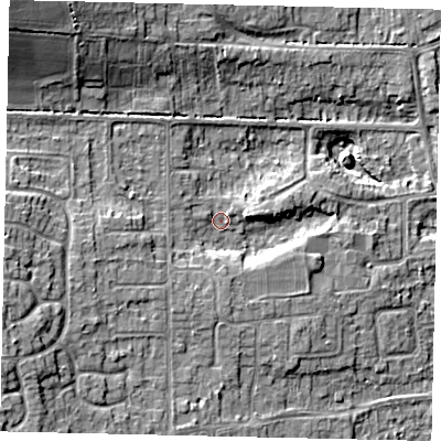 Shaded relief map of the ground around HU165NW, computed from Environment Agency LiDAR. The ground here sits at about 13 m above sea level and falls 16 m across the surrounding 800 m. Surface water reaching this point runs off ground lying to the south-west, 3.9 m higher.