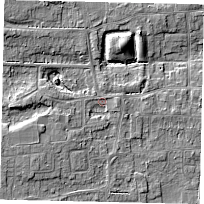 Shaded relief map of the ground around HU165PB, computed from Environment Agency LiDAR. The ground here sits at about 12 m above sea level and falls 9 m across the surrounding 800 m. Surface water reaching this point runs off ground lying to the east, 2.3 m higher.