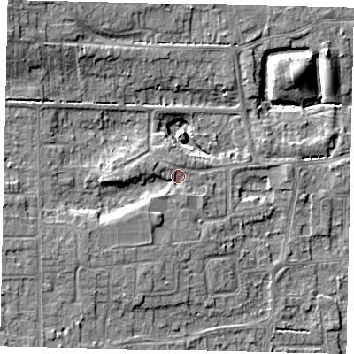Shaded relief map of the ground around HU165PD, computed from Environment Agency LiDAR. The ground here sits at about 13 m above sea level and falls 11 m across the surrounding 800 m. Surface water reaching this point runs off ground lying to the west-south-west, 3.9 m higher.