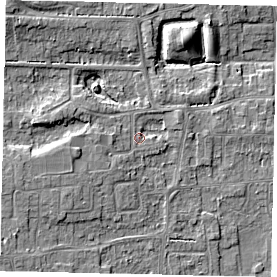Shaded relief map of the ground around HU165PE, computed from Environment Agency LiDAR. The ground here sits at about 12 m above sea level and falls 9 m across the surrounding 800 m. Surface water reaching this point runs off ground lying to the west-south-west, 3.7 m higher.