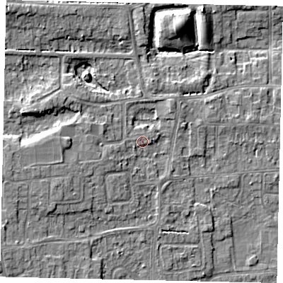 Shaded relief map of the ground around HU165PF, computed from Environment Agency LiDAR. The ground here sits at about 12 m above sea level and falls 8 m across the surrounding 800 m. The ground contributing surface water to this point lies to the east-north-east.