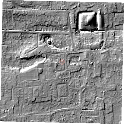 Shaded relief map of the ground around HU165PG, computed from Environment Agency LiDAR. The ground here sits at about 12 m above sea level and falls 9 m across the surrounding 800 m. Surface water reaching this point runs off ground lying to the west-south-west, 3.7 m higher.