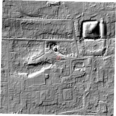 Shaded relief map of the ground around HU165PJ, computed from Environment Agency LiDAR. The ground here sits at about 13 m above sea level and falls 10 m across the surrounding 800 m. Surface water reaching this point runs off ground lying to the west-south-west, 7.3 m higher.