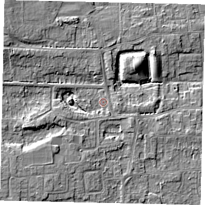 Shaded relief map of the ground around HU165PL, computed from Environment Agency LiDAR. The ground here sits at about 12 m above sea level and falls 9 m across the surrounding 800 m. Surface water reaching this point runs off ground lying to the south-west, 7.1 m higher.