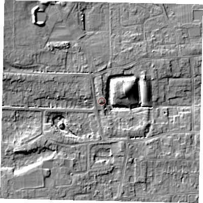 Shaded relief map of the ground around HU165PN, computed from Environment Agency LiDAR. The ground here sits at about 13 m above sea level and falls 9 m across the surrounding 800 m. Surface water reaching this point runs off ground lying to the west-north-west, 7.8 m higher.