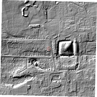 Shaded relief map of the ground around HU165PW, computed from Environment Agency LiDAR. The ground here sits at about 13 m above sea level and falls 10 m across the surrounding 800 m. Surface water reaching this point runs off ground lying to the north-west, 1.1 m higher.