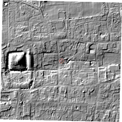 Shaded relief map of the ground around HU165QH, computed from Environment Agency LiDAR. The ground here sits at about 8 m above sea level and falls 10 m across the surrounding 800 m. Surface water reaching this point runs off ground lying to the west, 9.1 m higher.