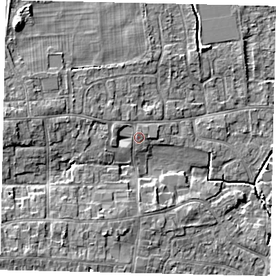 Shaded relief map of the ground around HU165QJ, computed from Environment Agency LiDAR. The ground here sits at about 8 m above sea level and falls 10 m across the surrounding 800 m. Surface water reaching this point runs off ground lying to the west-north-west, 3.3 m higher.