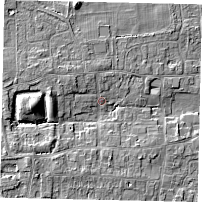 Shaded relief map of the ground around HU165QP, computed from Environment Agency LiDAR. The ground here sits at about 9 m above sea level and falls 10 m across the surrounding 800 m. Surface water reaching this point runs off ground lying to the west, 9.1 m higher.