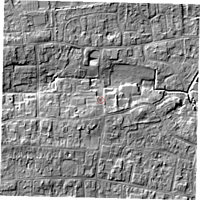 Shaded relief map of the ground around HU165QQ, computed from Environment Agency LiDAR. The ground here sits at about 8 m above sea level and falls 8 m across the surrounding 800 m. Surface water reaching this point runs off ground lying to the south-west, 2.5 m higher.