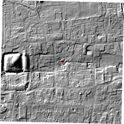 Shaded relief map of the ground around HU165QR, computed from Environment Agency LiDAR. The ground here sits at about 8 m above sea level and falls 10 m across the surrounding 800 m. Surface water reaching this point runs off ground lying to the west, 9.1 m higher.
