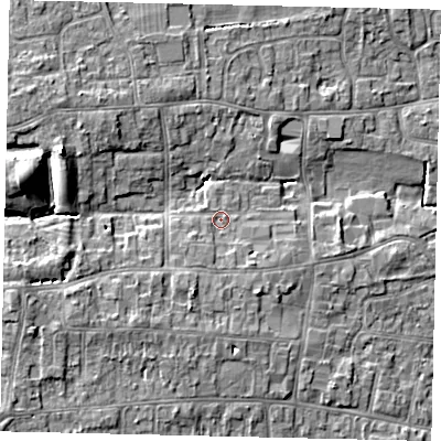 Shaded relief map of the ground around HU165QS, computed from Environment Agency LiDAR. The ground here sits at about 8 m above sea level and falls 11 m across the surrounding 800 m. Surface water reaching this point runs off ground lying to the south-south-west, 2.9 m higher.