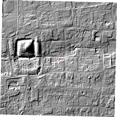 Shaded relief map of the ground around HU165QY, computed from Environment Agency LiDAR. The ground here sits at about 9 m above sea level and falls 10 m across the surrounding 800 m. Surface water reaching this point runs off ground lying to the west-north-west, 7.3 m higher.