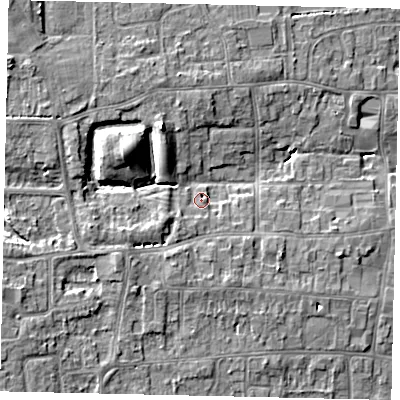Shaded relief map of the ground around HU165QZ, computed from Environment Agency LiDAR. The ground here sits at about 10 m above sea level and falls 10 m across the surrounding 800 m. Surface water reaching this point runs off ground lying to the south-south-west, 2.0 m higher.