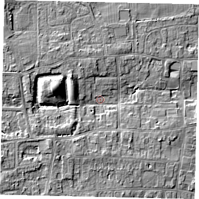 Shaded relief map of the ground around HU165RA, computed from Environment Agency LiDAR. The ground here sits at about 9 m above sea level and falls 10 m across the surrounding 800 m. Surface water reaching this point runs off ground lying to the west-north-west, 7.3 m higher.