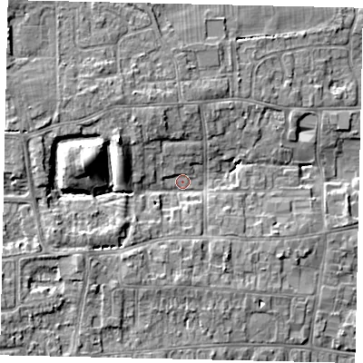 Shaded relief map of the ground around HU165RB, computed from Environment Agency LiDAR. The ground here sits at about 9 m above sea level and falls 10 m across the surrounding 800 m. Surface water reaching this point runs off ground lying to the west-north-west, 7.3 m higher.