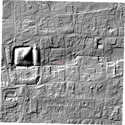 Shaded relief map of the ground around HU165RR, computed from Environment Agency LiDAR. The ground here sits at about 8 m above sea level and falls 10 m across the surrounding 800 m. Surface water reaching this point runs off ground lying to the west-north-west, 9.1 m higher.