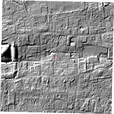 Shaded relief map of the ground around HU165RU, computed from Environment Agency LiDAR. The ground here sits at about 8 m above sea level and falls 11 m across the surrounding 800 m. Surface water reaching this point runs off ground lying to the west, 9.1 m higher.